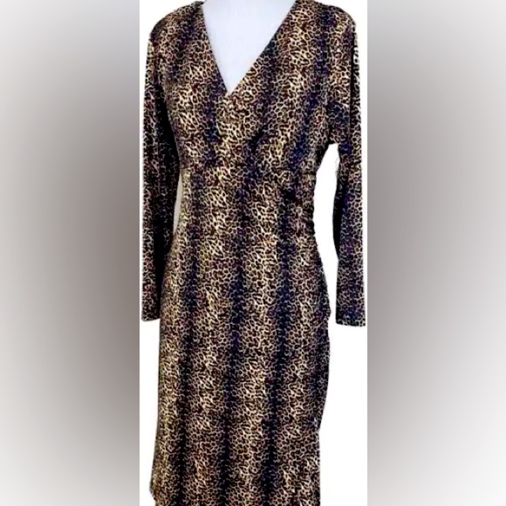 Leopard faux wrap dress, empire waist, side slit, size Medium, great condition